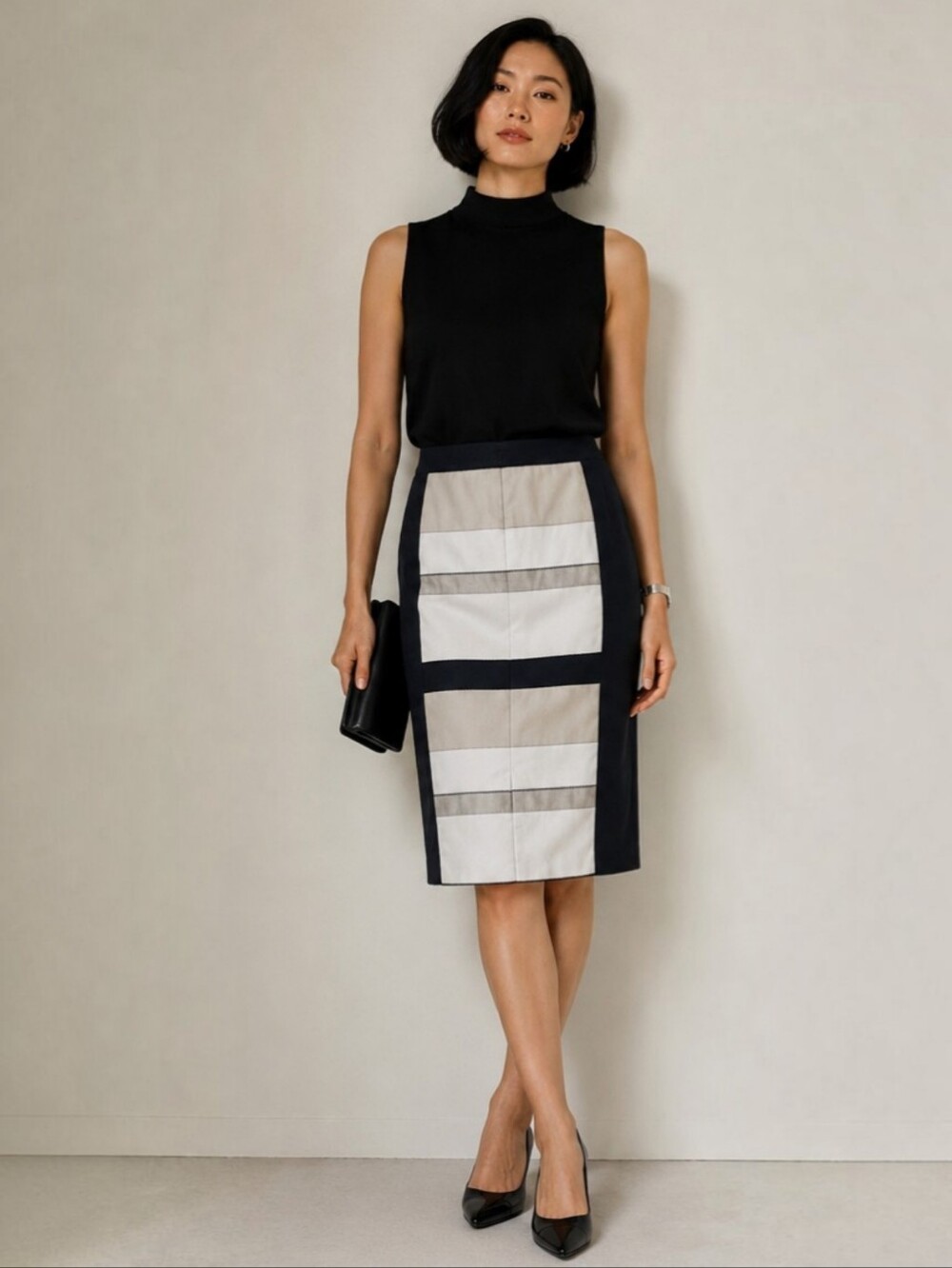 Lafayette 148 NY Geometric Colorblock Pencil Skirt Beige Cream Black Size 8